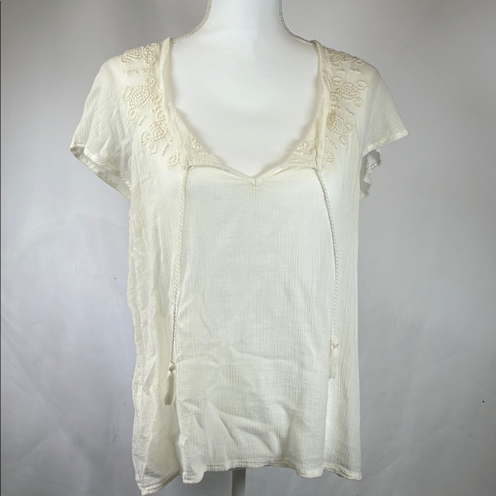 Solitaire Ivory Embroidered Boho Peasant Blouse Cotton Rayon Blend Size M